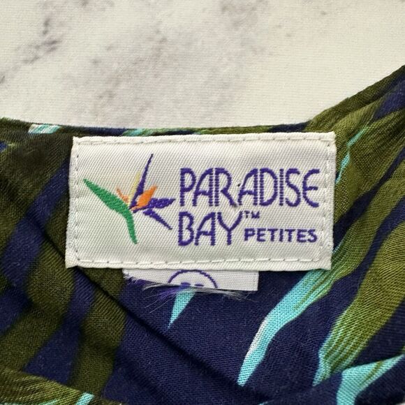 Paradise Bay Womens Vintage Tropical Dress Size M Petite Blue White Birds Floral - Picture 5 of 9
